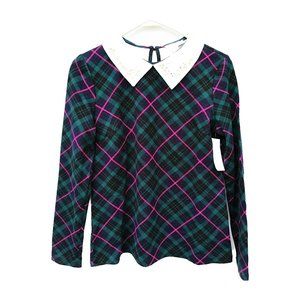 NEW Charter Club Womens Top Plaid Embellished Collar Blue Combo Petite Size